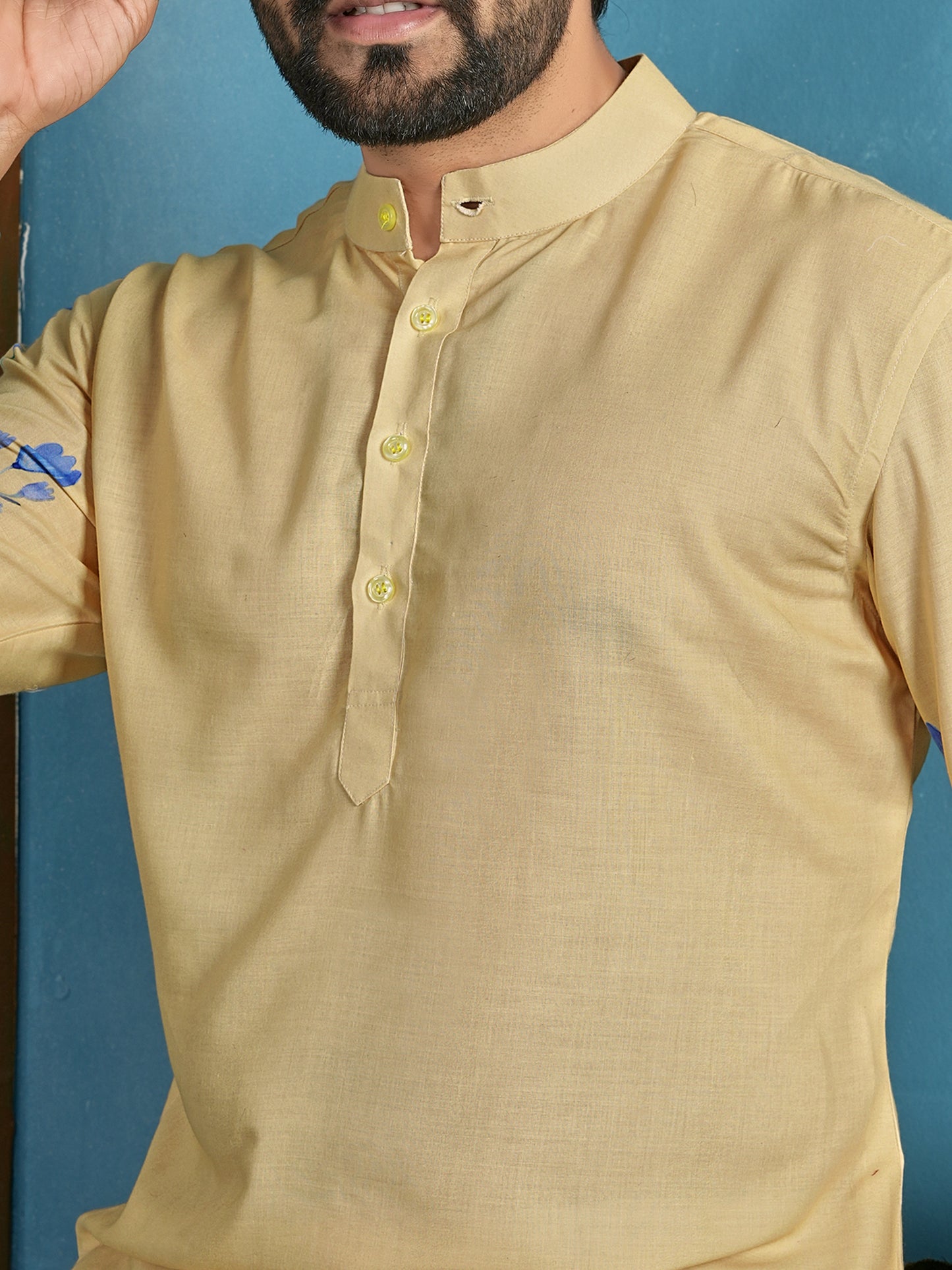 Shopgarb Men’s Beige Cambric Cotton Floral Printed Kurta