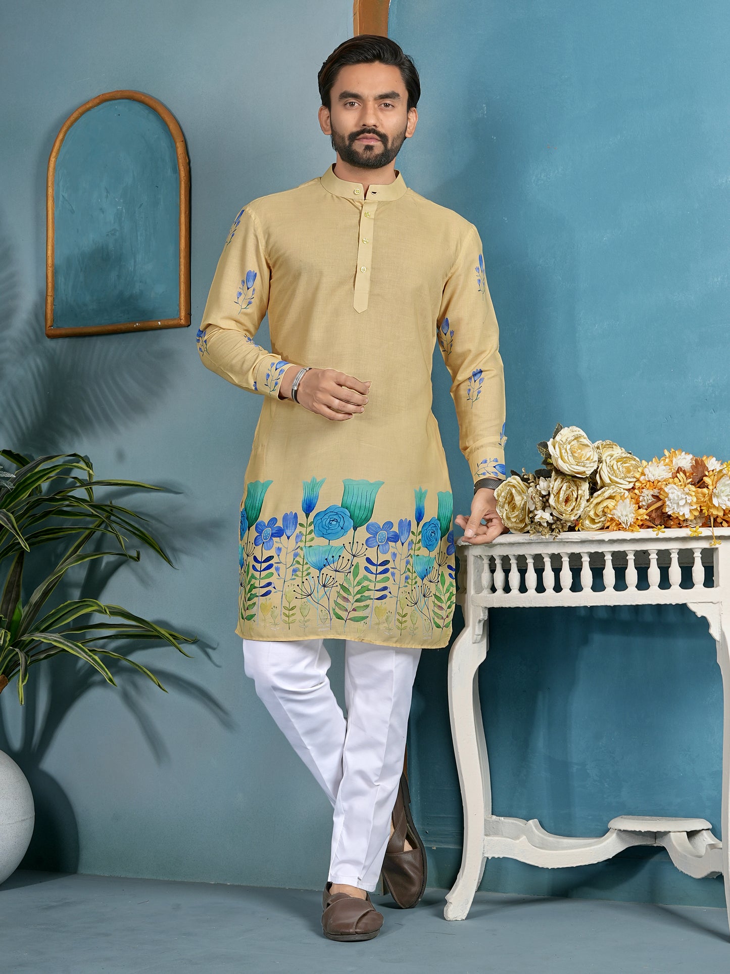 Shopgarb Men’s Beige Cambric Cotton Floral Printed Kurta