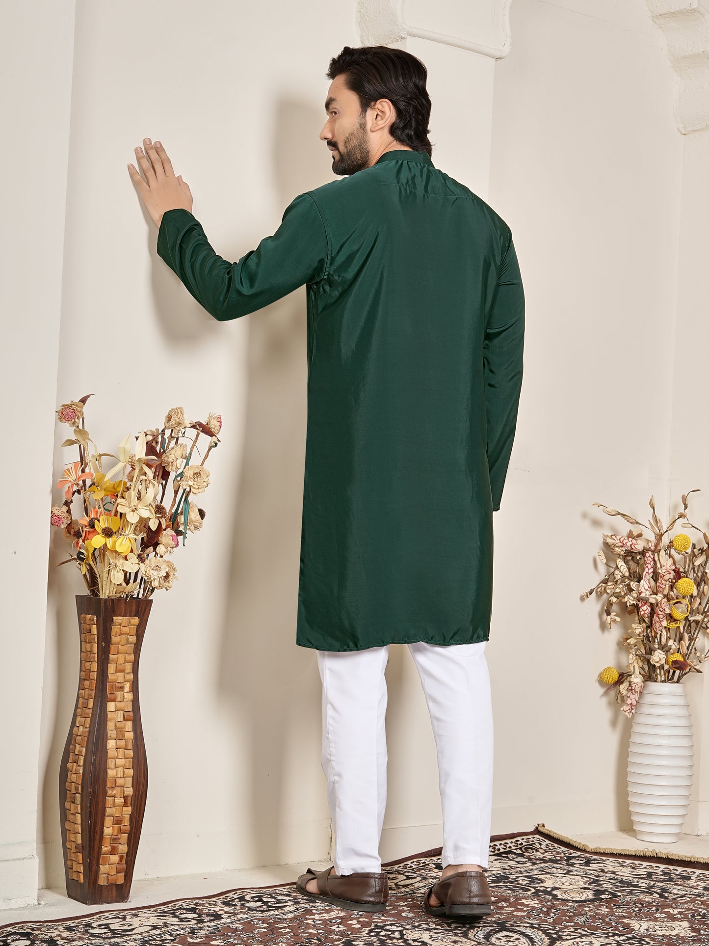 Shopgarb Men’s Dark Green Natural Silk Embroidered Kurta