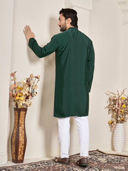 Shopgarb Men’s Dark Green Natural Silk Embroidered Kurta