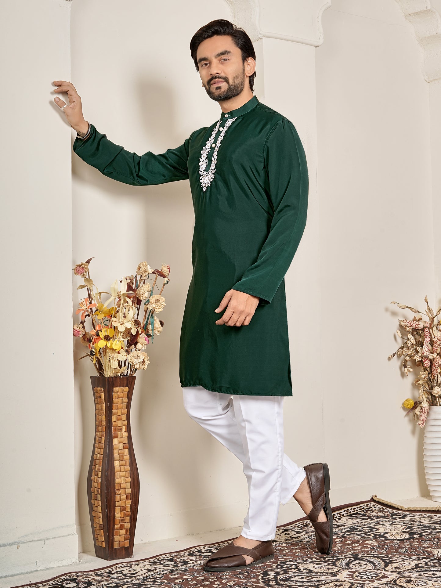 Shopgarb Men’s Dark Green Natural Silk Embroidered Kurta