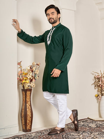 Shopgarb Men’s Dark Green Natural Silk Embroidered Kurta