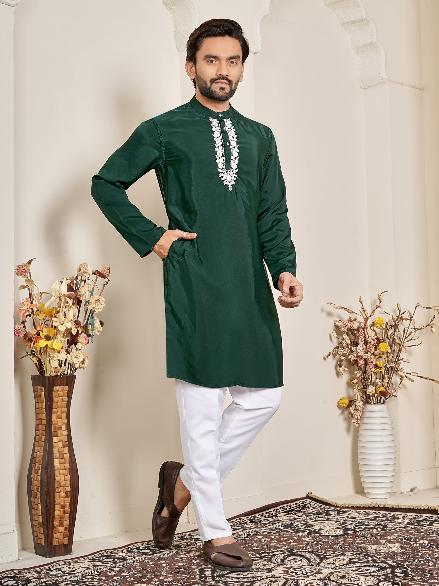 Shopgarb Men’s Dark Green Natural Silk Embroidered Kurta
