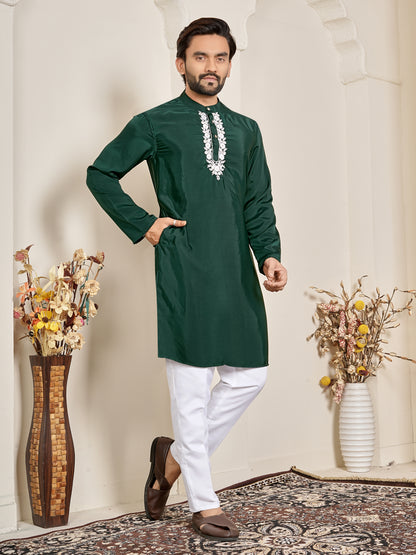 Shopgarb Men’s Dark Green Natural Silk Embroidered Kurta