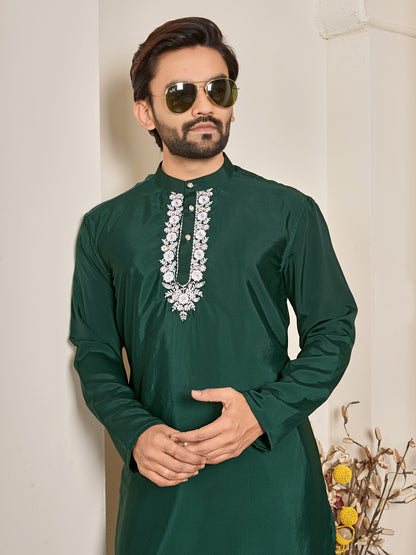 Shopgarb Men’s Dark Green Natural Silk Embroidered Kurta