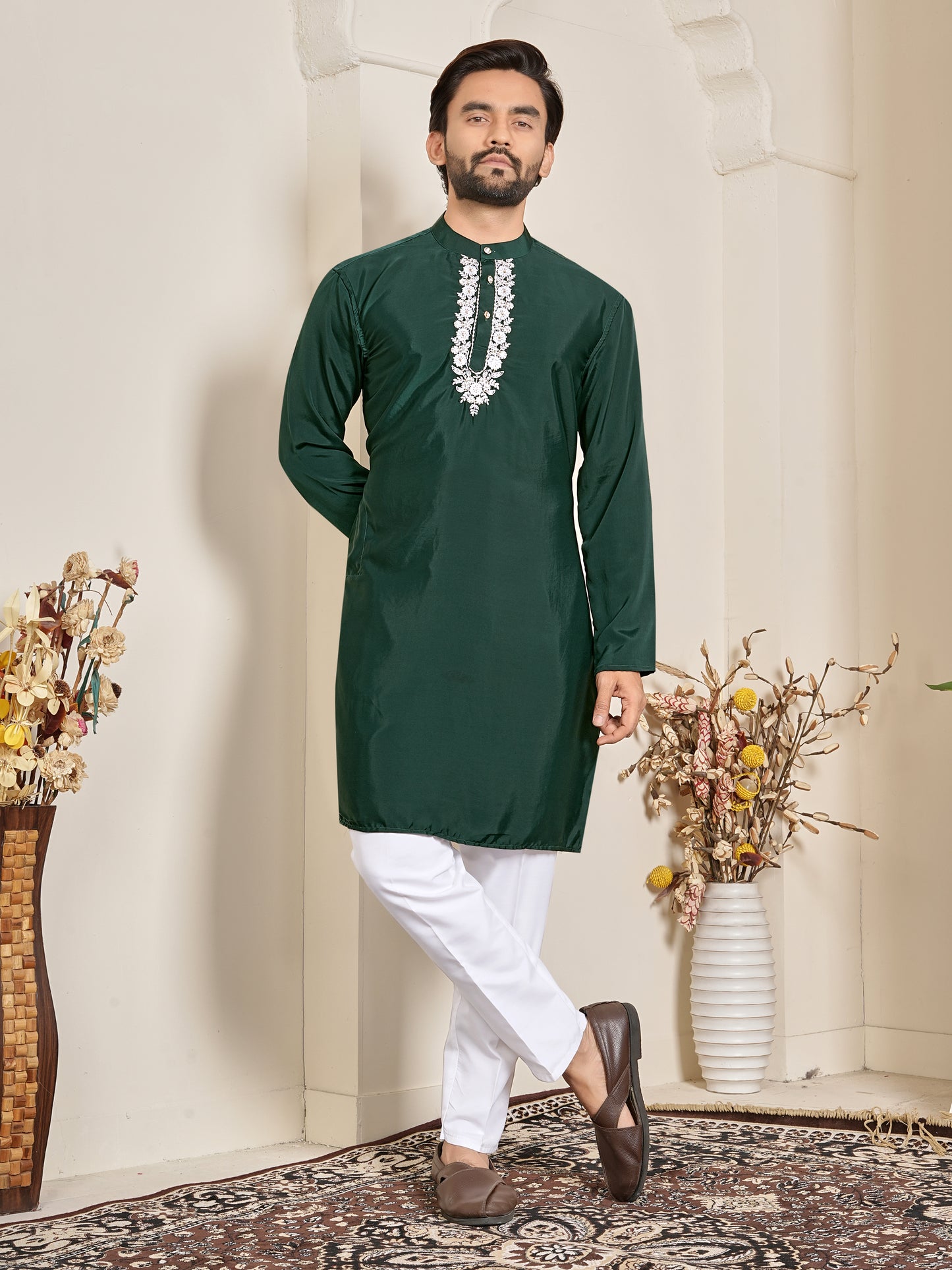 Shopgarb Men’s Dark Green Natural Silk Embroidered Kurta