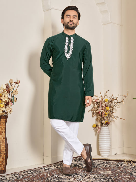 Shopgarb Men’s Dark Green Natural Silk Embroidered Kurta