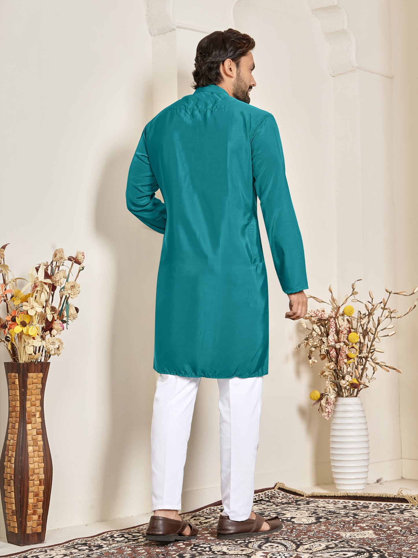 Shopgarb Men’s Teal Blue Natural Silk Embroidered Kurta-Festive and Ethnic Wear