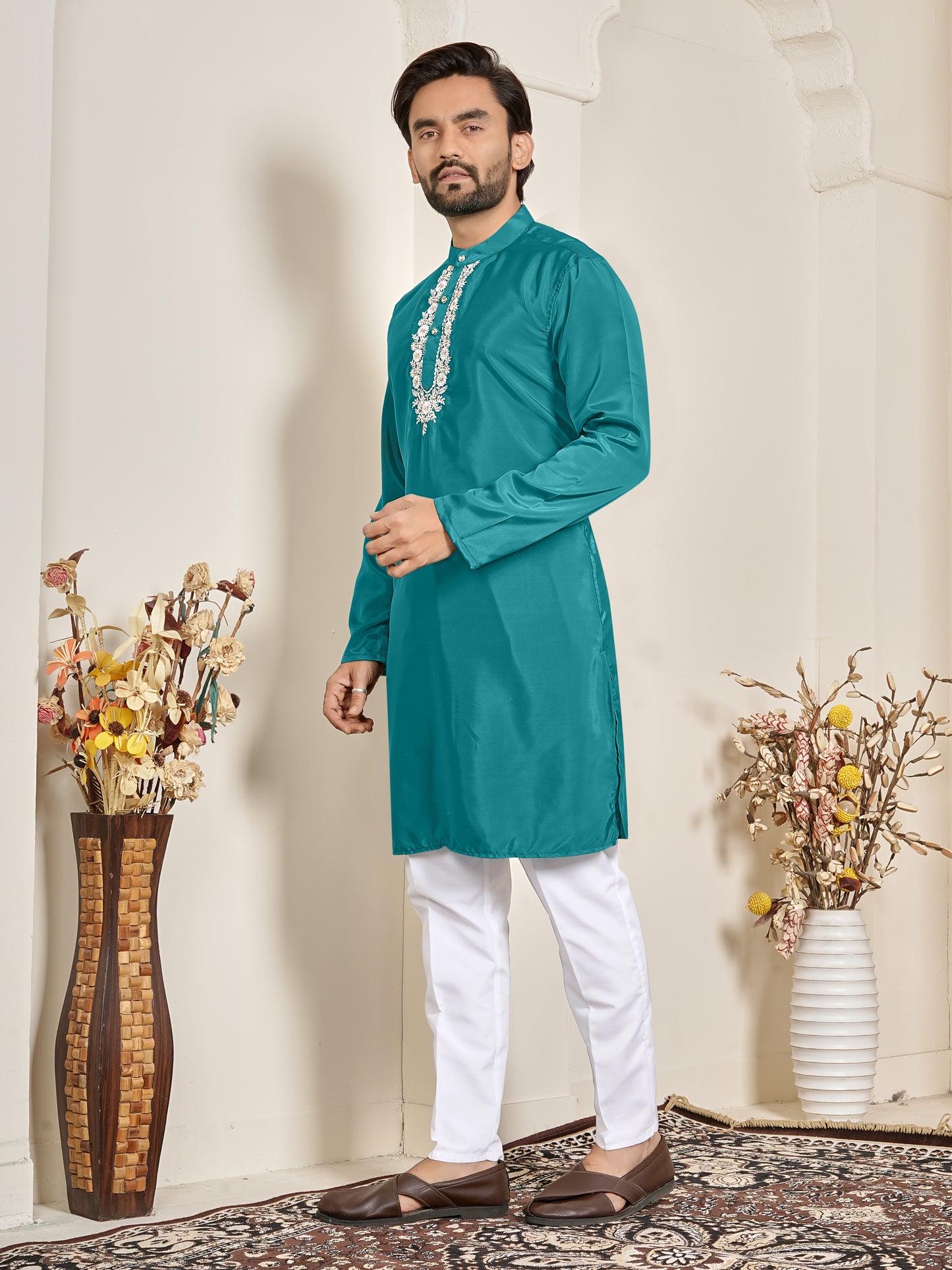 Shopgarb Men’s Teal Blue Natural Silk Embroidered Kurta-Festive and Ethnic Wear