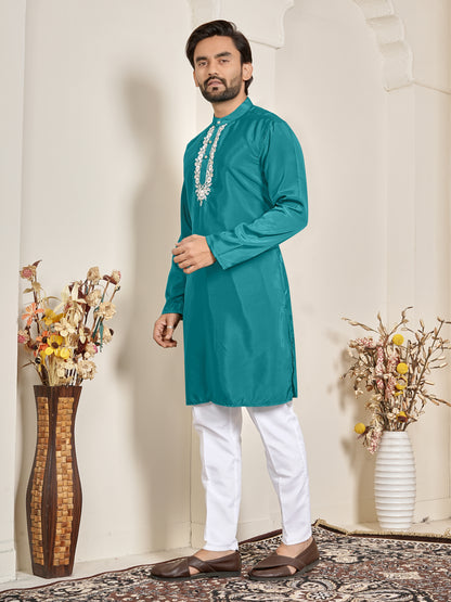 Shopgarb Men’s Teal Blue Natural Silk Embroidered Kurta-Festive and Ethnic Wear