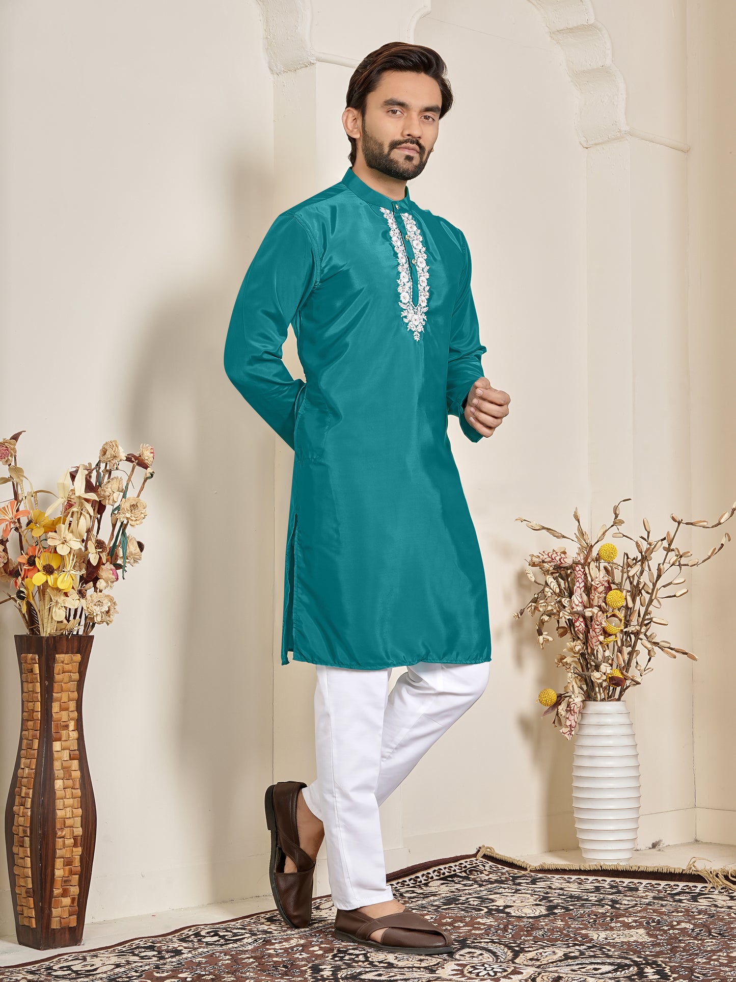 Shopgarb Men’s Teal Blue Natural Silk Embroidered Kurta-Festive and Ethnic Wear