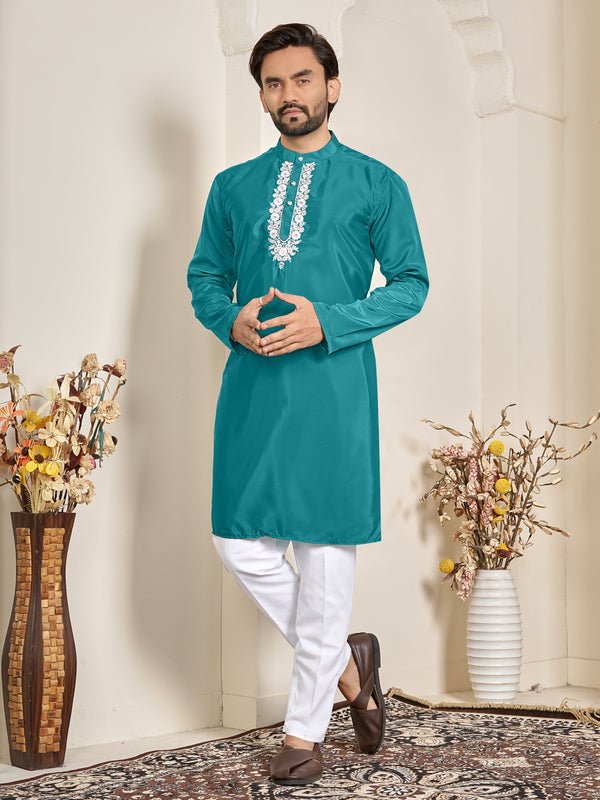 Shopgarb Men’s Teal Blue Natural Silk Embroidered Kurta-Festive and Ethnic Wear