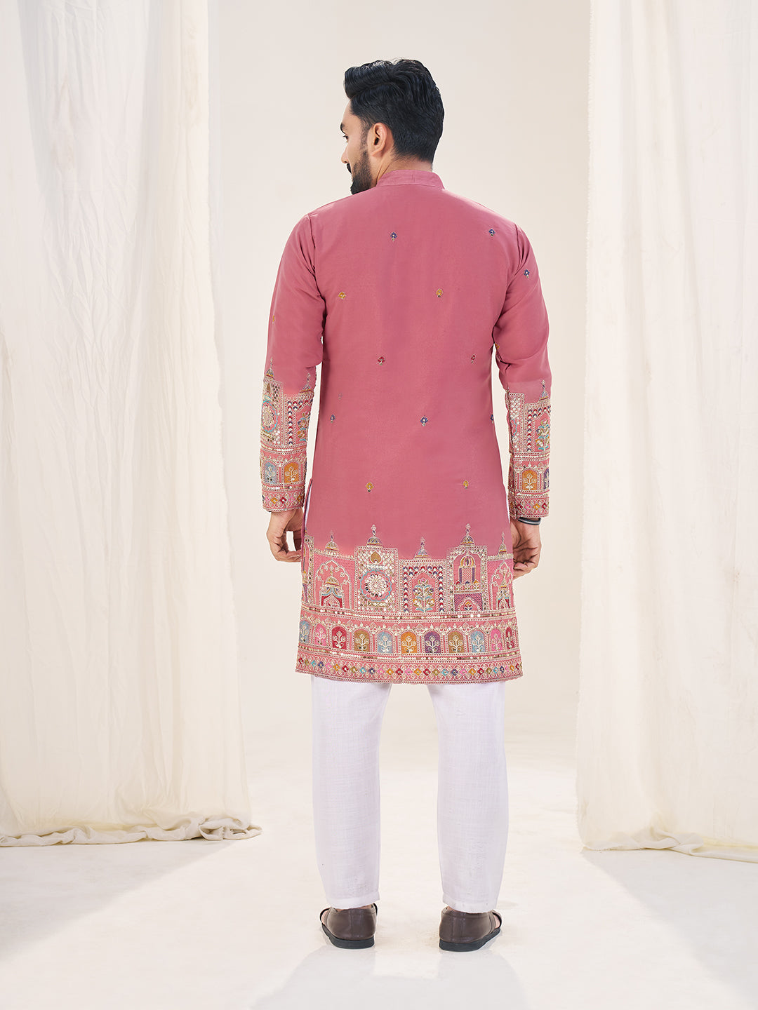 Embroidered Mandarin Collar Thread Work Silk Straight Kurta