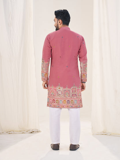 Embroidered Mandarin Collar Thread Work Silk Straight Kurta