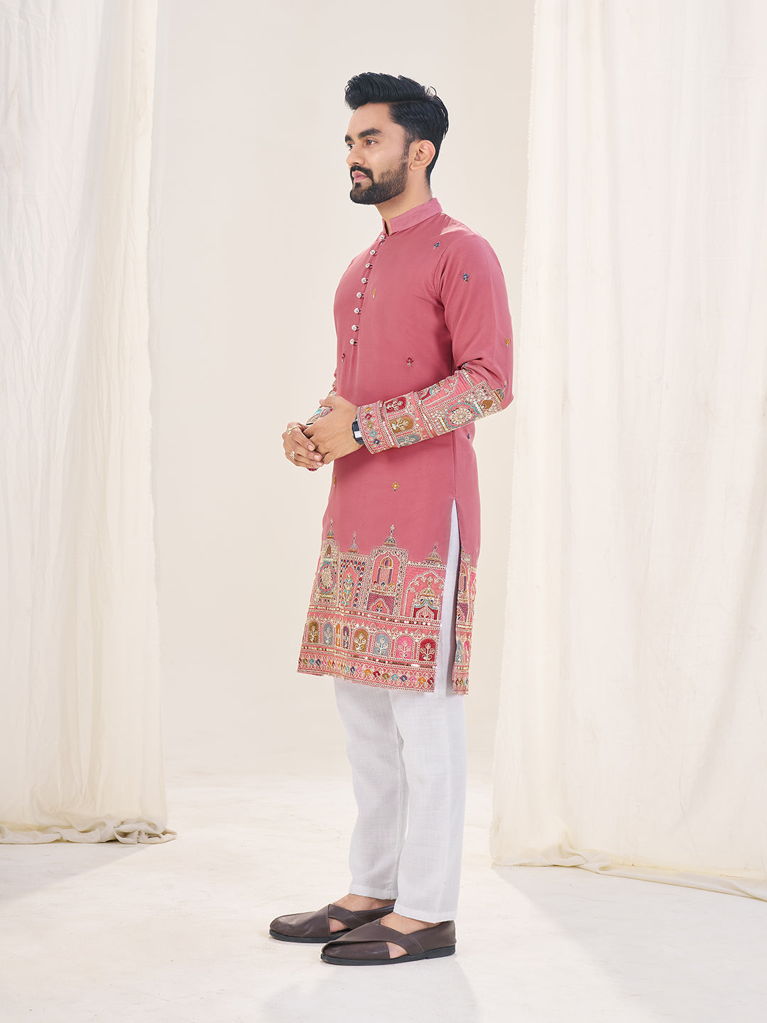 Embroidered Mandarin Collar Thread Work Silk Straight Kurta