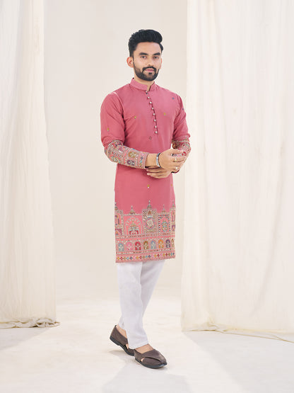 Embroidered Mandarin Collar Thread Work Silk Straight Kurta
