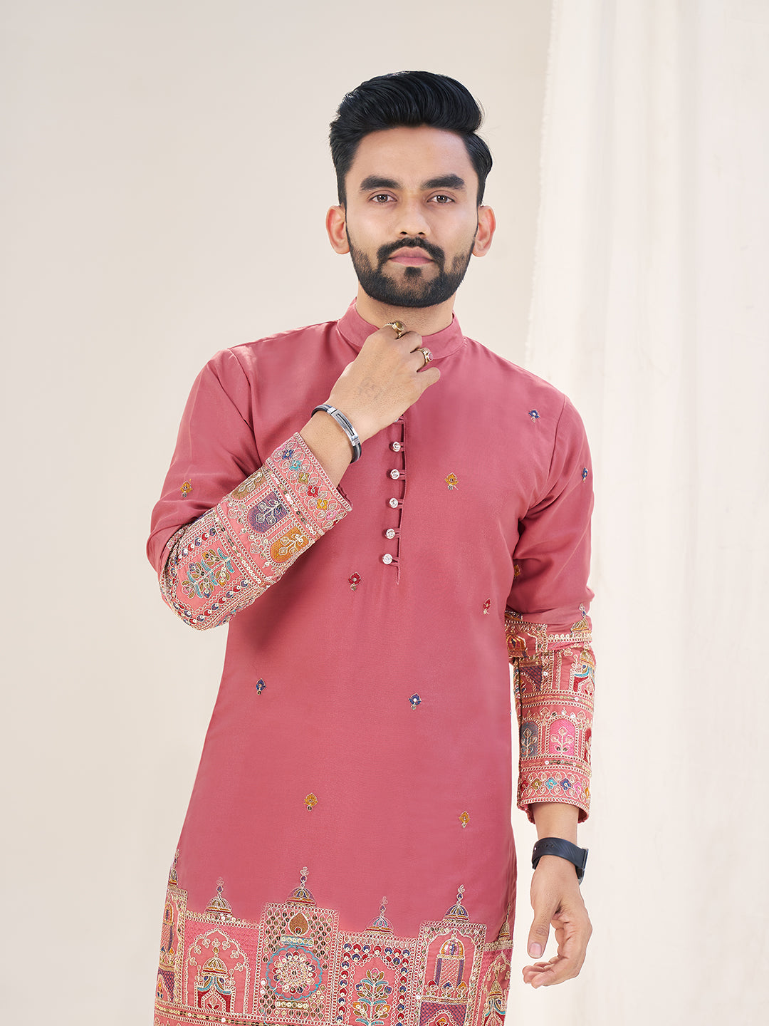 Embroidered Mandarin Collar Thread Work Silk Straight Kurta