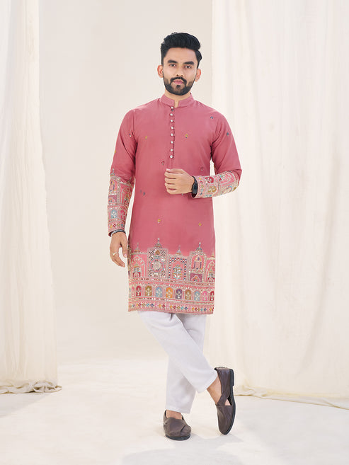 Embroidered Mandarin Collar Thread Work Silk Straight Kurta