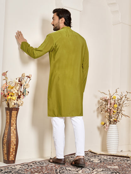 Shopgarb Men’s Mehndi Green Natural Silk Embroidered Kurta-Festive and Ethnic Wear