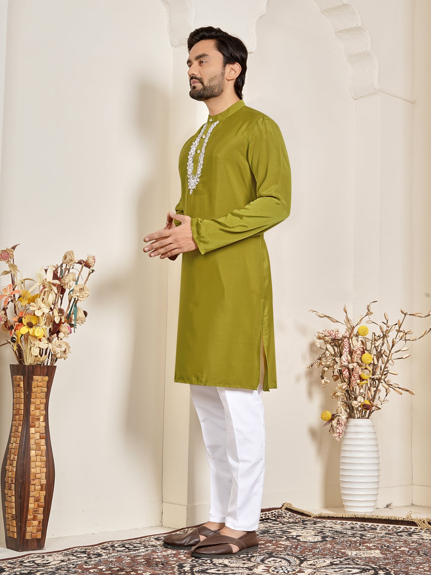 Shopgarb Men’s Mehndi Green Natural Silk Embroidered Kurta-Festive and Ethnic Wear