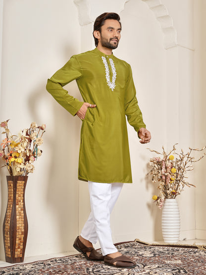 Shopgarb Men’s Mehndi Green Natural Silk Embroidered Kurta-Festive and Ethnic Wear