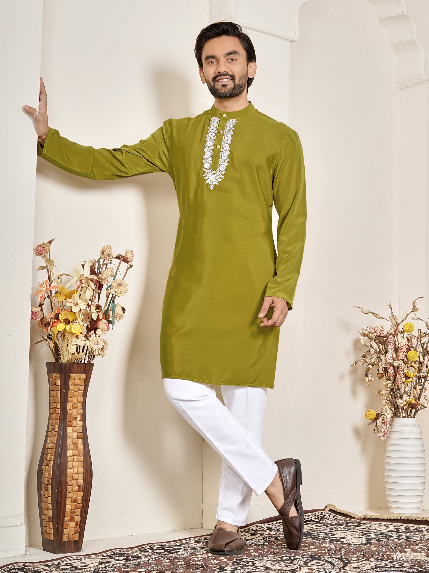 Shopgarb Men’s Mehndi Green Natural Silk Embroidered Kurta-Festive and Ethnic Wear