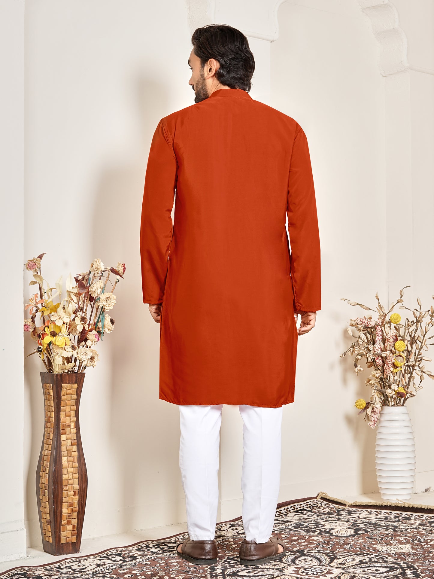 Shopgarb Men’s Rust Orange Natural Silk Embroidered Kurta-Festive and Ethnic Wear