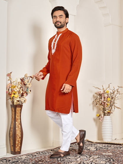 Shopgarb Men’s Rust Orange Natural Silk Embroidered Kurta-Festive and Ethnic Wear