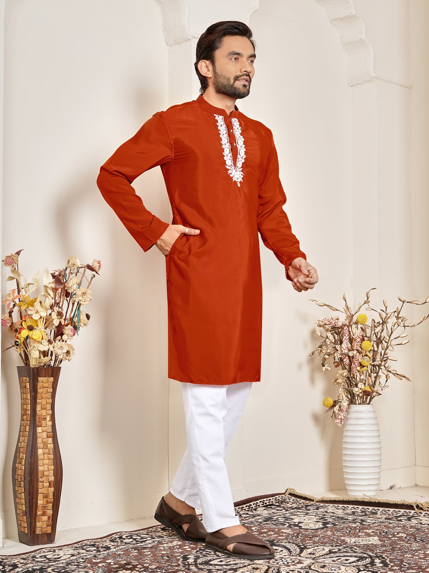 Shopgarb Men’s Rust Orange Natural Silk Embroidered Kurta-Festive and Ethnic Wear