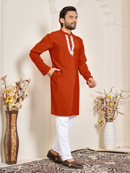 Shopgarb Men’s Rust Orange Natural Silk Embroidered Kurta-Festive and Ethnic Wear
