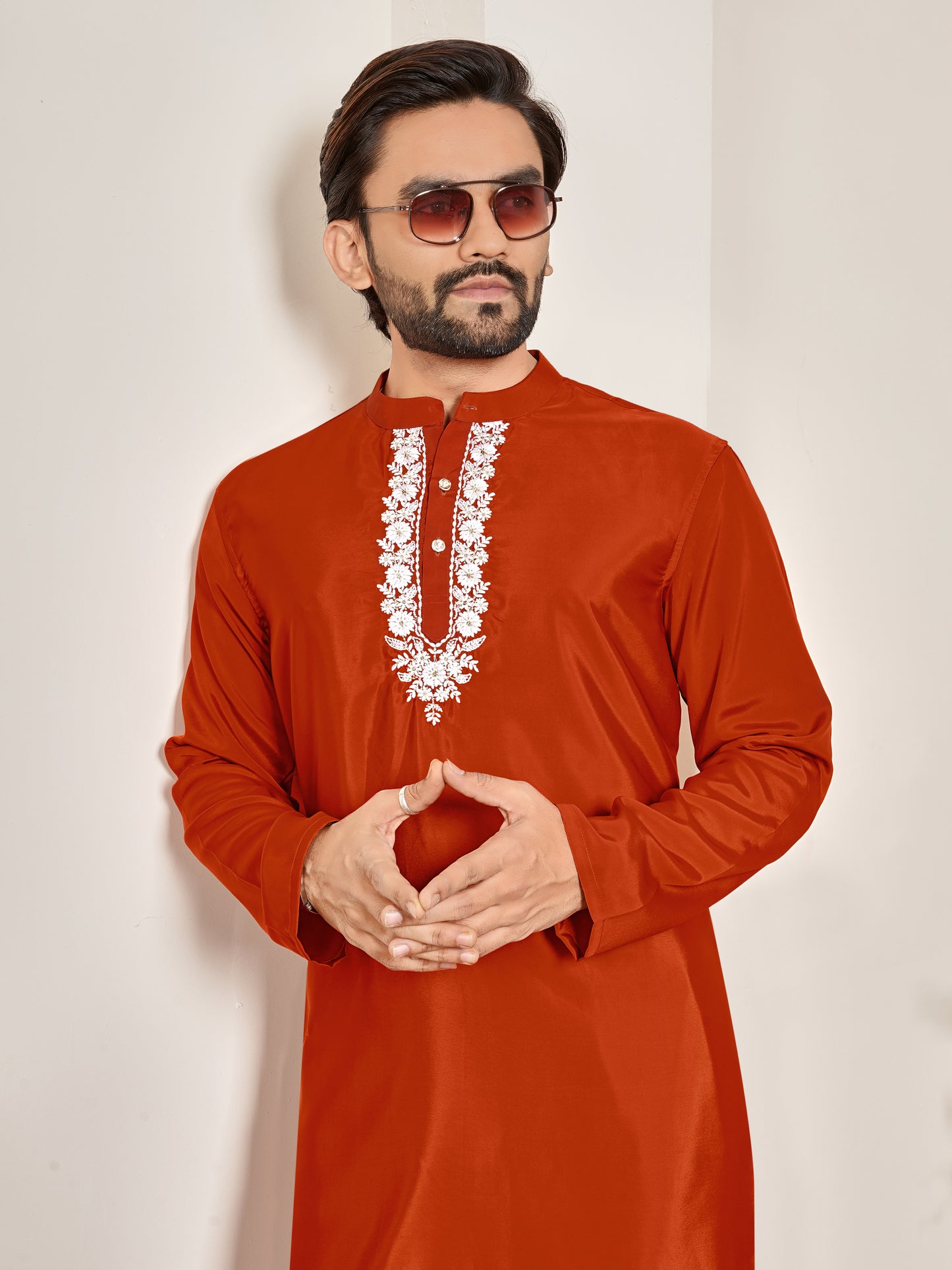 Shopgarb Men’s Rust Orange Natural Silk Embroidered Kurta-Festive and Ethnic Wear