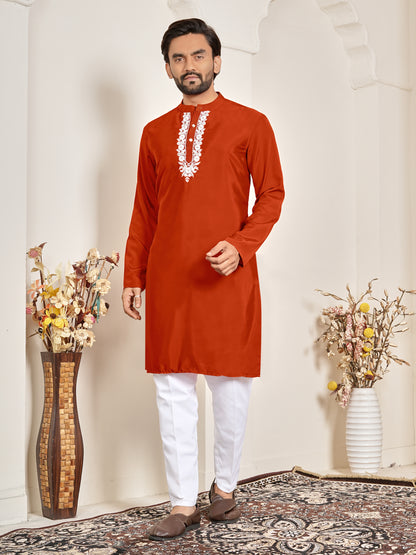 Shopgarb Men’s Rust Orange Natural Silk Embroidered Kurta-Festive and Ethnic Wear