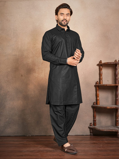 Shopgarb Men’s Black Cotton Pathani Kurta Pyjama Set