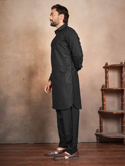 Shopgarb Men’s Black Cotton Pathani Kurta Pyjama Set