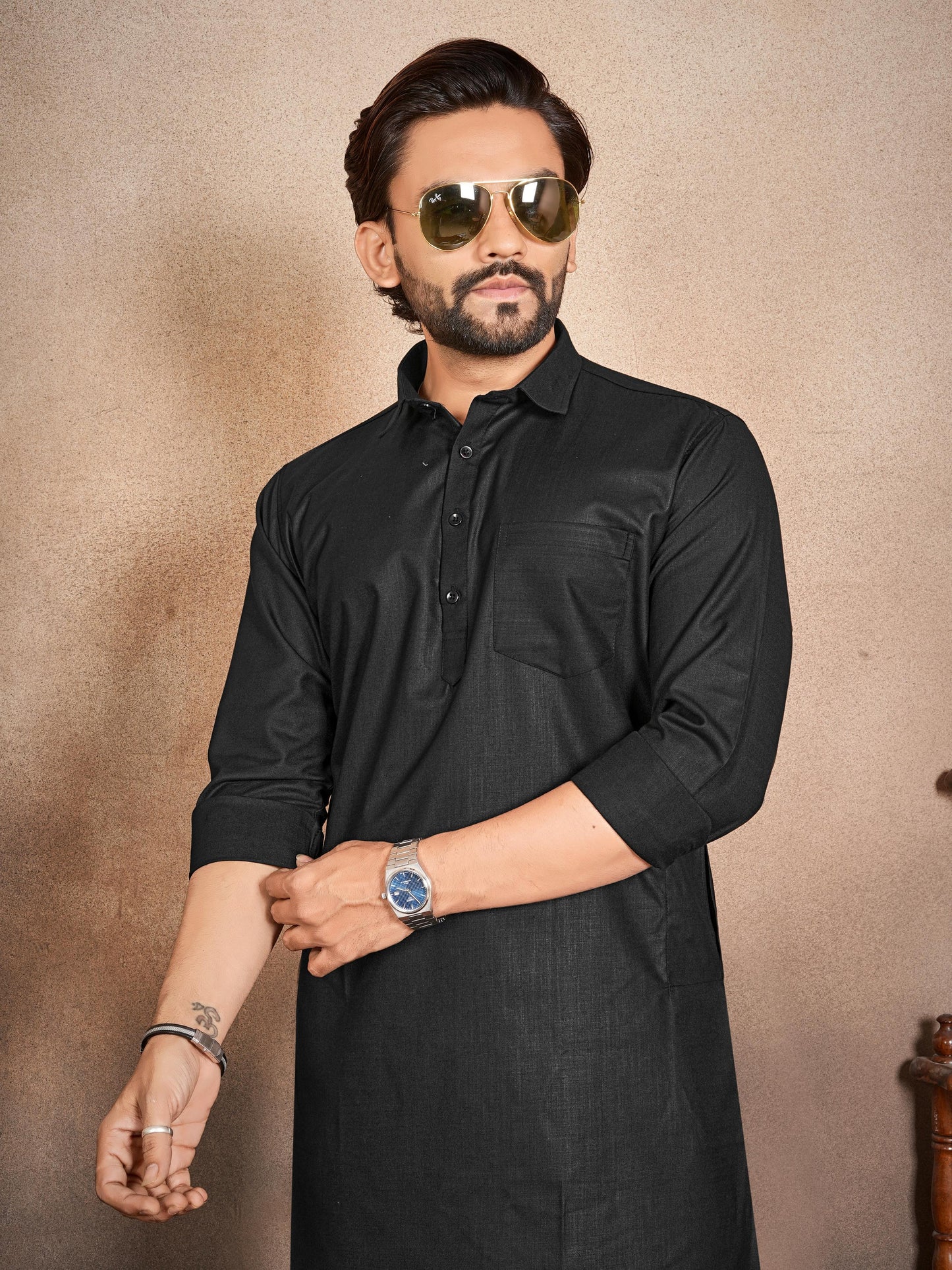 Shopgarb Men’s Black Cotton Pathani Kurta Pyjama Set