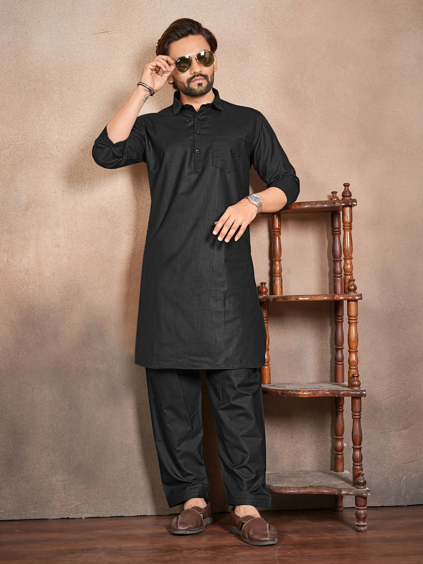 Shopgarb Men’s Black Cotton Pathani Kurta Pyjama Set