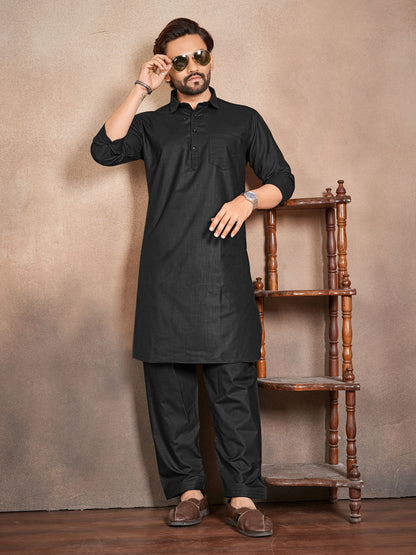 Shopgarb Men’s Black Cotton Pathani Kurta Pyjama Set