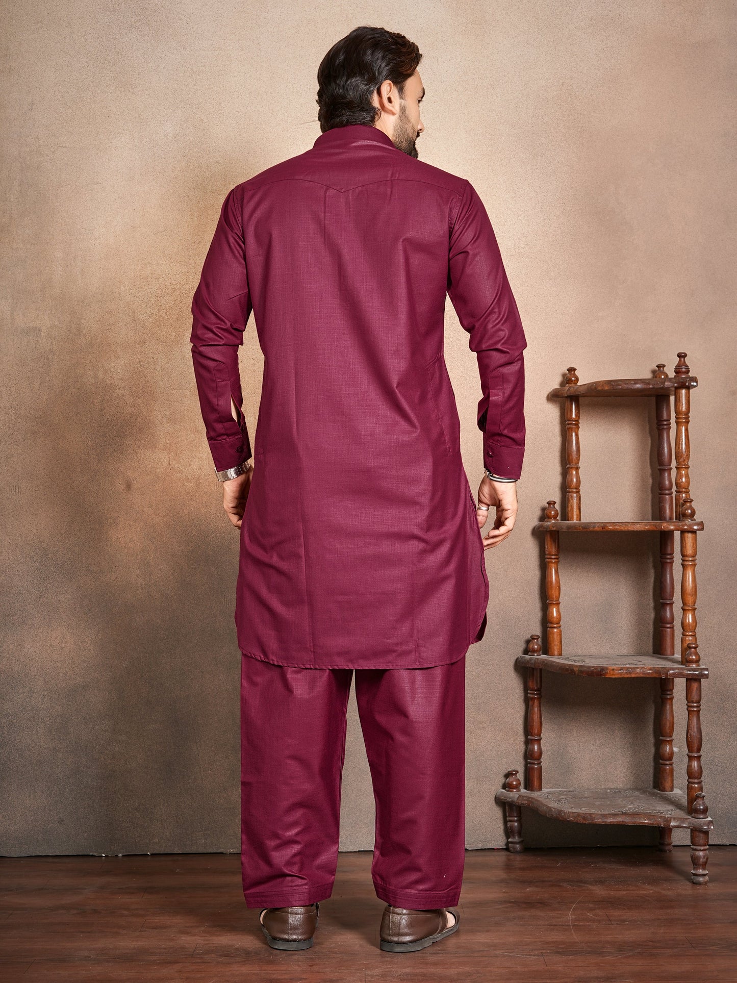Shopgarb Men’s Maroon Cotton Pathani Kurta Pyjama Set