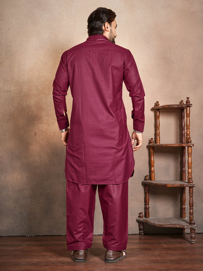 Shopgarb Men’s Maroon Cotton Pathani Kurta Pyjama Set