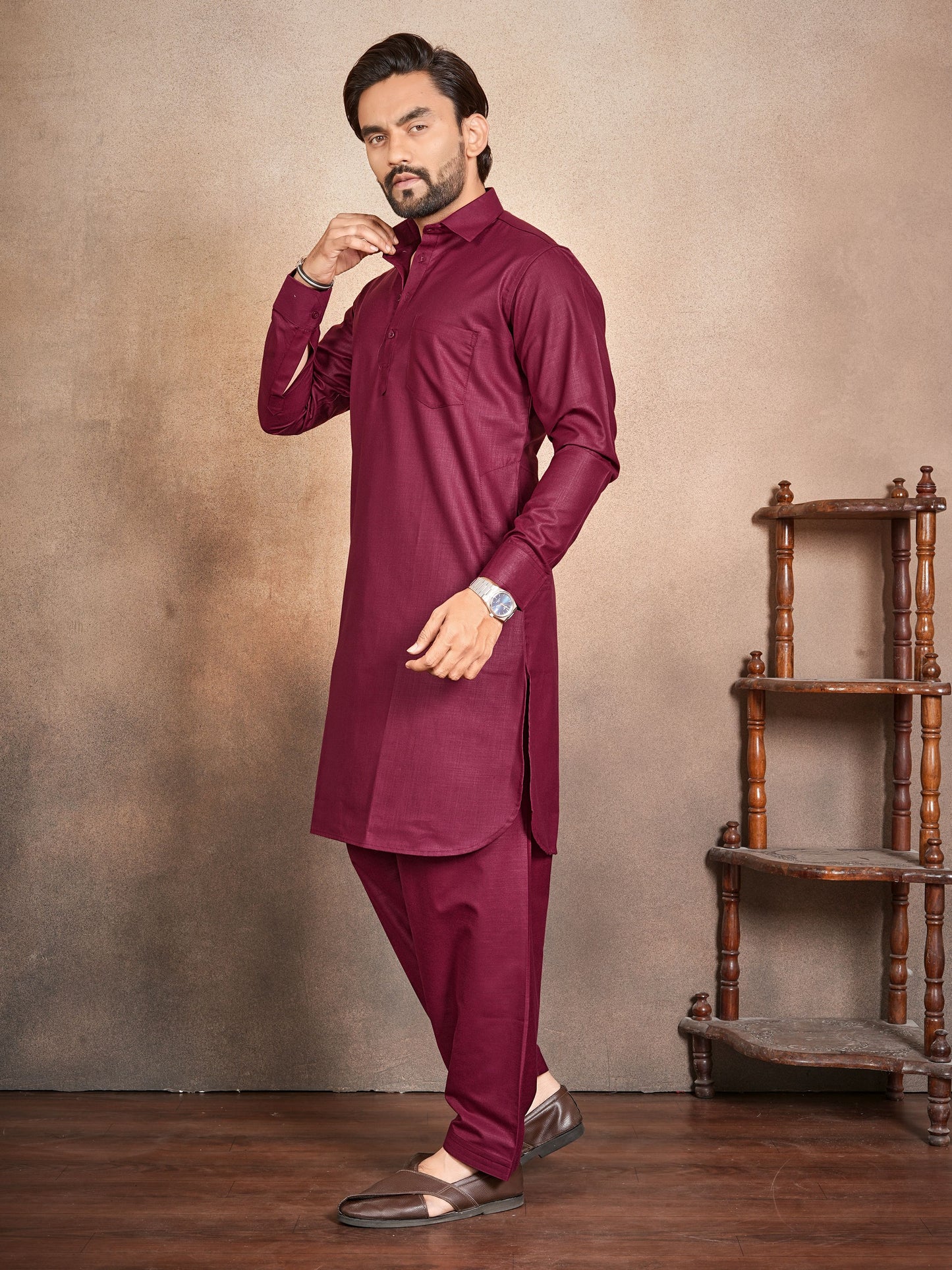 Shopgarb Men’s Maroon Cotton Pathani Kurta Pyjama Set