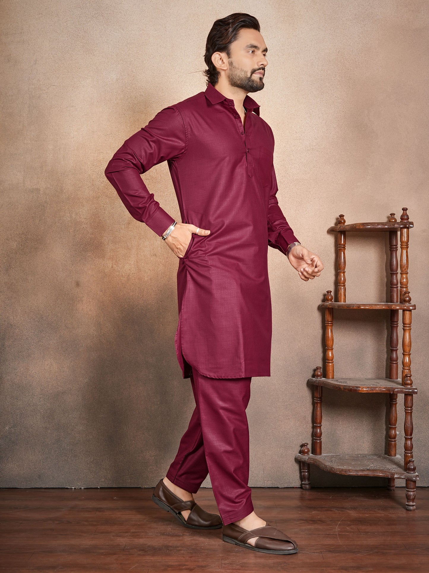 Shopgarb Men’s Maroon Cotton Pathani Kurta Pyjama Set