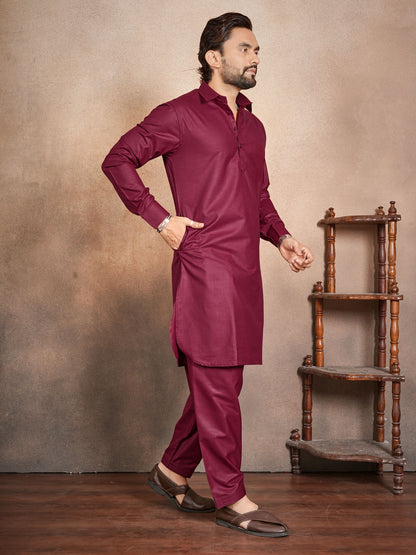 Shopgarb Men’s Maroon Cotton Pathani Kurta Pyjama Set