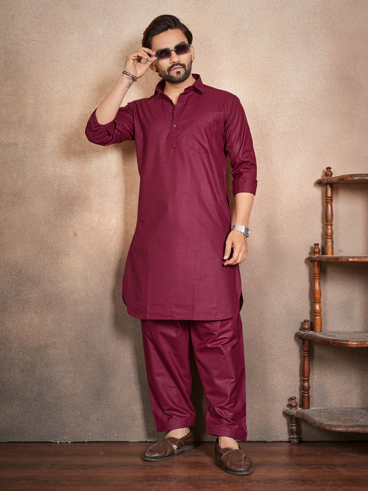 Shopgarb Men’s Maroon Cotton Pathani Kurta Pyjama Set