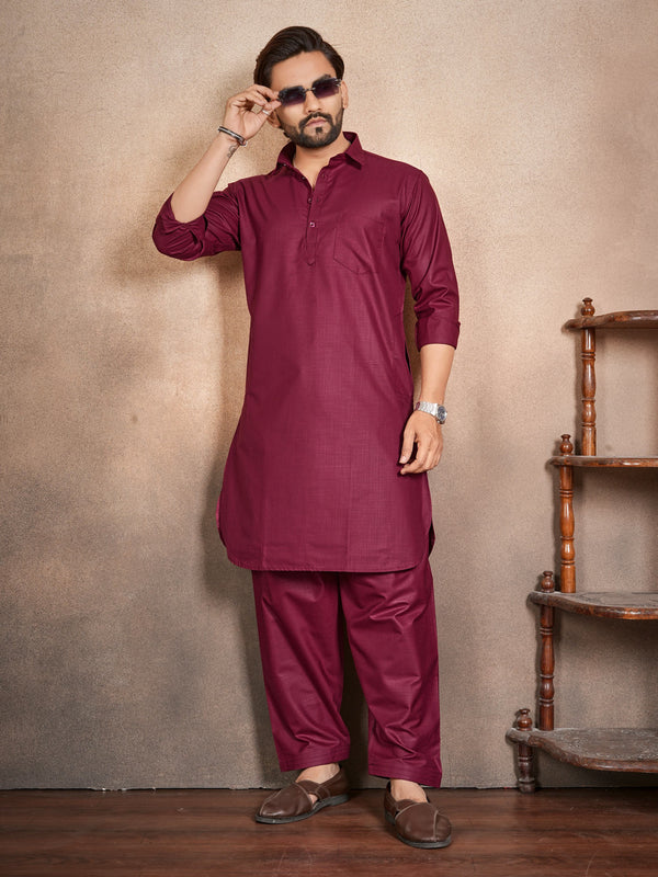 Shopgarb Men’s Maroon Cotton Pathani Kurta Pyjama Set