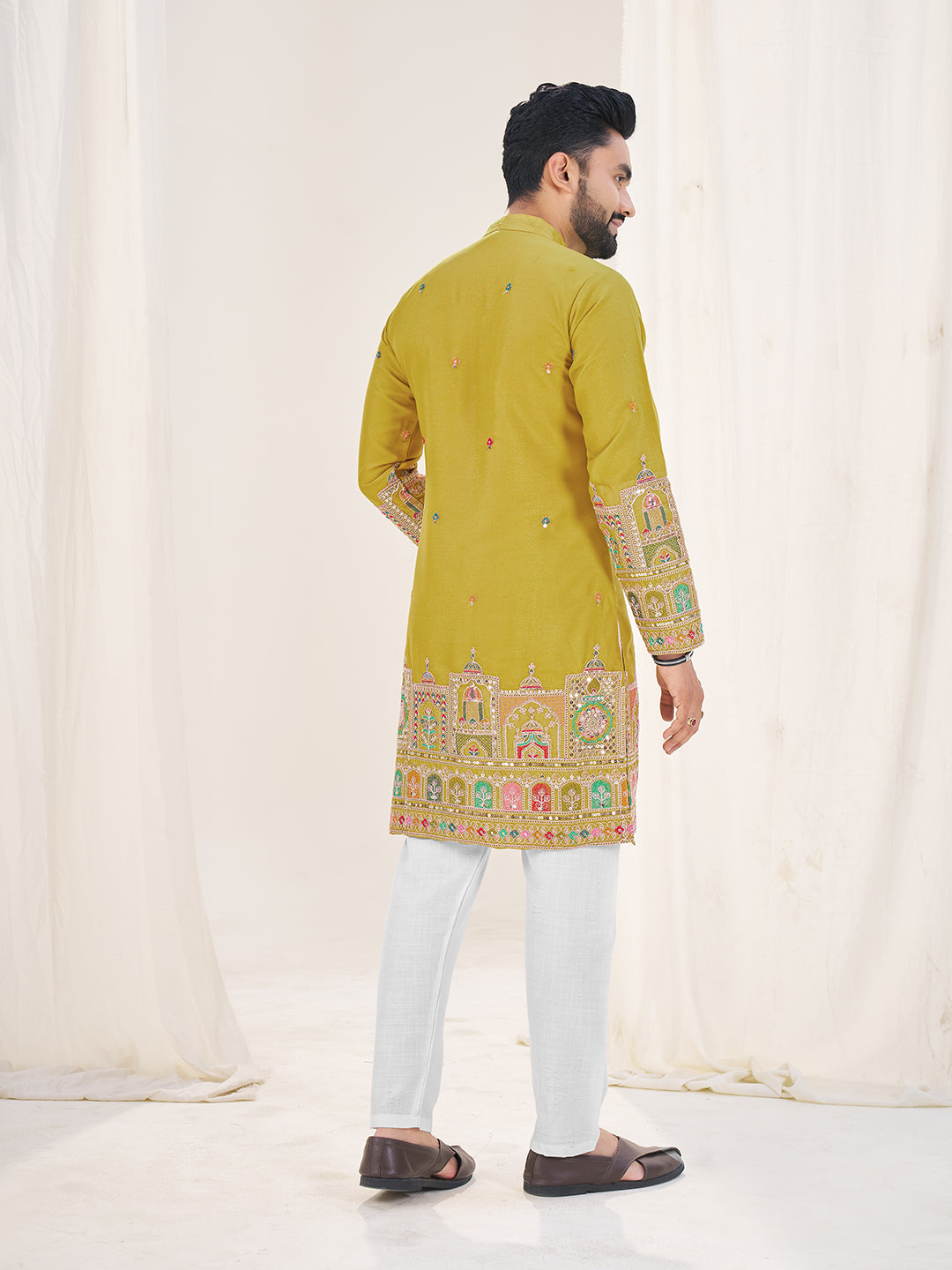 Embroidered Mandarin Collar Thread Work Silk Straight Kurta