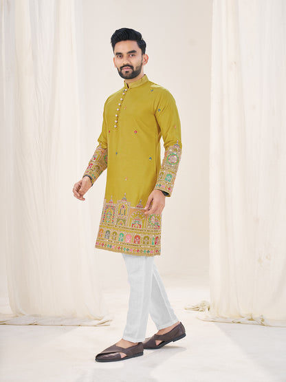 Embroidered Mandarin Collar Thread Work Silk Straight Kurta
