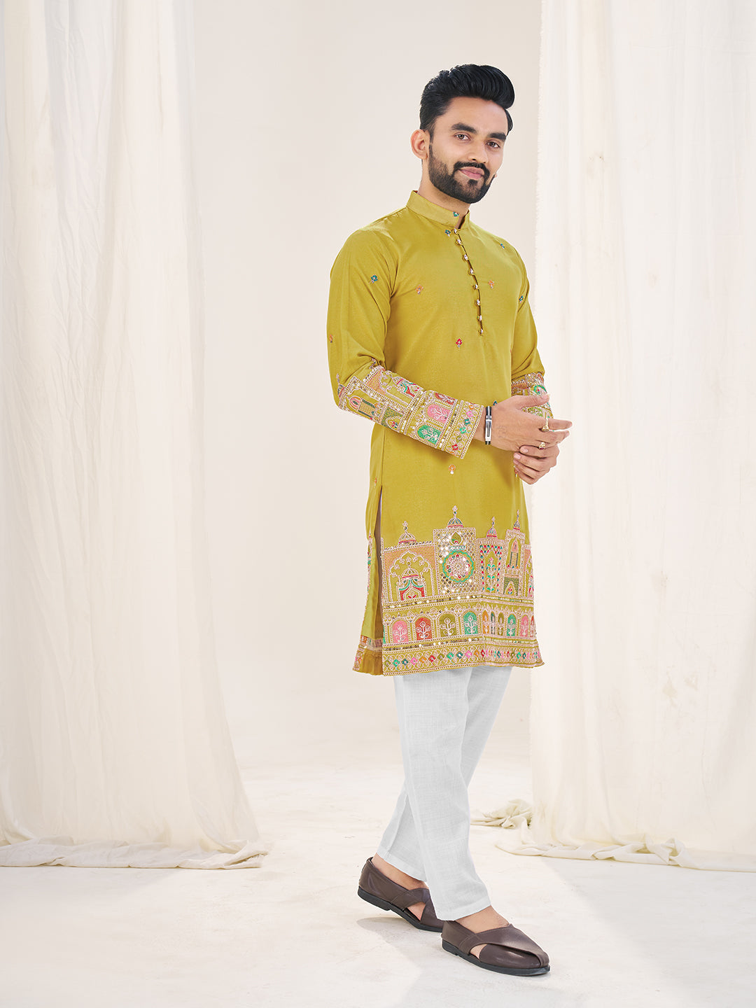 Embroidered Mandarin Collar Thread Work Silk Straight Kurta