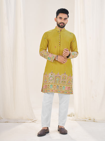 Embroidered Mandarin Collar Thread Work Silk Straight Kurta