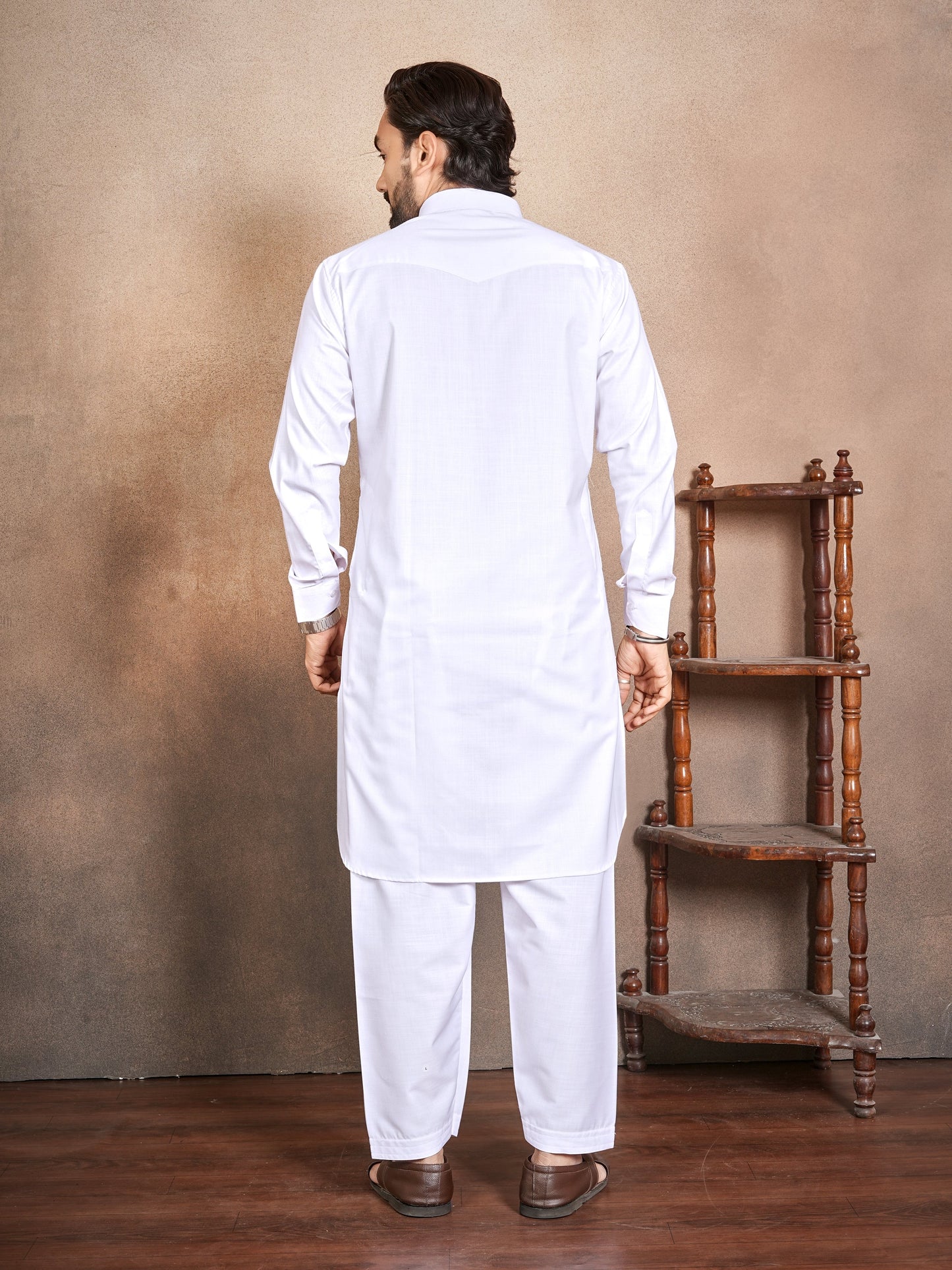 Shopgarb Men’s White Cotton Pathani Kurta Pyjama Set