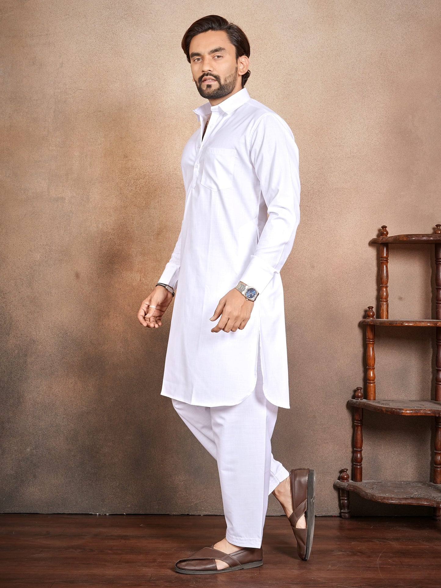 Shopgarb Men’s White Cotton Pathani Kurta Pyjama Set